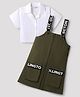 OLLINGTON ST. Cotton Poplin Half Sleeves Shirt Top & Woven Twill Pinafore - White & Olive Green