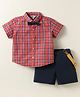 ToffyHouse Cotton Woven Half Sleeves Shirt & Shorts With Bow & Suspender with Checks - Red & Navy Blue