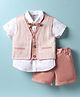 ToffyHouse Poplin Woven Half Sleeves Striped 3 Piece Party Suit with Bow - Coral