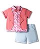 ToffyHouse Poplin Woven Half Sleeves Party Shirt with Attached Waistcoat & Shorts with Floral Print & Bow - Pink & Light Blue