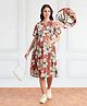 Bella Mama Woven Half Sleeves Maternity Dress With Floral Print and Pockets - Coral