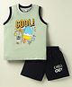Taeko Single Jersey Knit Sleeveless Tank T-Shirt & Shorts Set with Beach Theme Print - Olive Green