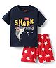 Babyhug Cotton Knit  Half Sleeves Shorts Night Suit With Shark & Star Print - Navy Blue & Red