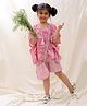 BownBee Pure Cotton Half Batwing Sleeves Floral Printed Kaftan & Striped Shorts With Bag Set - Pink
