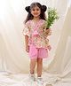 BownBee Pure Cotton Half Batwing Sleeves Floral Printed Kaftan & Striped Shorts With Bag Set - White