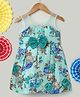 BownBee Silk Sleeveless Bow Applique Floral Printed Pleated Dress - Blue