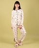 tweeny mini 100% Pure Rayon Woven Full Sleeves Cat Printed Coordinating Night Suit With Headband Set - Cream
