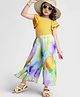 OLLINGTON ST. Knit Frill Sleeves Top & Pleated Georgette Culottes with Floral Print - Yellow & White