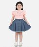 Aww Hunnie 100% Cotton Half Sleeves Floral Embroidered Top With Denim Flared Skirt - Pink