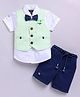 LITTLE COLLARS Cotton Half Sleeves Striped 3 Piece Party Suit Set With Bow - Green