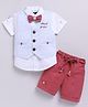 LITTLE COLLARS Cotton Half Sleeves Solid Shirt & Shorts With Striped Waistcoat & Bow Set - Sky Blue