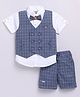 LITTLE COLLARS Cotton Blend Half Sleeves Solid Shirt & Checked Shorts With Waistcoat & Bow Set - Blue