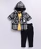 LITTLE COLLARS Recycled Cotton Full Sleeves Checked Hooded Overshirt With Tee & Cargo Pants Set - Mustard & Black