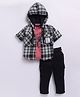 LITTLE COLLARS Recycled Cotton Full Sleeves Checked Hooded Shirt & Cargo Pants With Inner Tee Set - Cherry