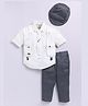 LITTLE COLLARS Blended Full Sleeves Solid Shirt With Attached Suspender Pant Cap & Tie Set - Grey