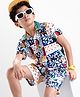 OLLINGTON ST. Cotton Knit Half Sleeves Printed Shirt & Knit Shorts with Abstract Print - White & Blue