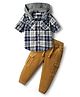 Babyhug Cotton Woven Full Sleeves Hooded Shirt & Trouser with Checks & Cargo Pockets - Khaki & White