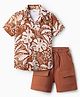 OLLINGTON ST. Cotton Half Sleeves Printed Shirt & Knit Shorts with Tropical Print - Brown