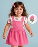 Doodle Poodle Cotton Knit Frock & Half Sleeves Inner Tee With Strawberry Print & Heart Patch - Pink & White
