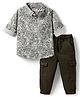 Babyhug Cotton Woven Full Sleeves Shirt & Trouser Set With Leaf Print - Olive Green