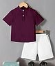 Fashion Dream Cotton Blend Knit Half Sleeves Textured Shirt & Shorts Set - Dark Purple