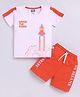 Nottie Planet Cotton Half Sleeves Space Theme Printed Tee & Shorts Set - Coral