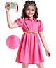 Hola Bonita Woven Half Sleeves Solid Colour Textured Frock With Belt - Pink