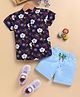 TOONYPORT Cotton Half Sleeves Floral Printed Shirt & Shorts Set - Navy Blue & Light Blue