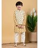 READIPRINT Cotton Full Sleeves Floral Printed Kurta Pyjama With Nehru Jacket Set - Green & Yellow