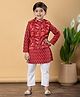 READIPRINT Cotton Full Sleeves Floral Printed Kurta Pyjama With Nehru Jacket Set - Red