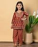 READIPRINT Cotton Three Fourth Sleeves Floral Embroidered & Gota Lace Embellished Frock Style Coordinating Kurta & Sharara Set - Maroon