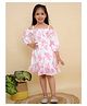 Junitos Georgette Three Fourth Cold Shoulder Sleeves Floral Printed Dress - White & Pink