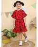 Junitos Georgette Half Bell Sleeves Abstract Printed Dress With Belt - Red