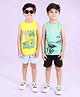 Kiddopanti Cotton Pack Of 2 Sleeveless Beach Theme Printed Tees & Cargo Shorts Sets - Green Black Yellow & Light Blue