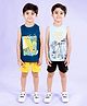 Kiddopanti Cotton Pack Of 2 Sleeveless Beach Theme Printed Tees & Cargo Shorts Sets - Blue Black & Mustard