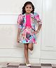 Lei-Chie Linen Printed Half Puffed Sleeves Floral Printed Jacket With Solid Tee & Coordinating Skirt Set - Pink