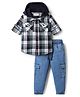 Babyhug Cotton Woven Full Sleeves Checkered Hooded Shirt & Denim Joggers Set - Blue