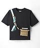 Little Kangaroos Cotton Knit Half Drop Shoulder Sleeves T-Shirt with Sling Bag Print & Applique - Black