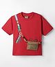 Little Kangaroos Cotton Knit Half Drop Shoulder Sleeves T-Shirt with Sling Bag Print & Applique - Red