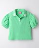Little Kangaroos Cotton Knit Half Puffed Sleeves Solid Color Collared Textured Top - Mint