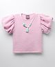 Little Kangaroos Knitted Half Puffed Sleeves Solid Color Textured Top with Necklace - Pink