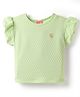 Little Kangaroos Cotton Knit Half Puffed Sleeves Textured Top with Patch Detailing - Light Green