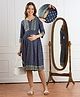 Bella Mama Viscose Woven Three Fourth Sleeves Maternity Kurta with Floral & Contrast Yoke Print - Navy Blue