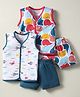 OHMS Single Jersey Knit Front Open Sleeveless Shorts Night Suit With Sea Life & Elephant Print Pack Of 2 - Navy Blue & Red