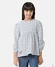 Under Fourteen Only Cotton Three Fourth Puffed Sleeves Abstract Printed Floral Embroidered Top - Blue