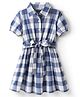 CrayonFlakes Rayon Half Puffed Sleeves Checked Dress With Attached Belt - Blue