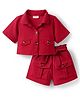CrayonFlakes Woven Half Sleeves Textured Solid Crop Shirt With Coordinating Shorts Set - Red