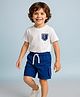 Mark & Mia Cotton Knit Half Sleeves Oversized T-Shirt & Shorts Set With Pocket & Graphics Detailing - White & Blue