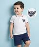 Mark & Mia Cotton Knit Half Sleeves Polo T-Shirt & Shorts Set With Tipping Rib & Owl Embroidery - White & Navy Blue