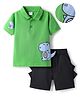 Mark & Mia Cotton Knit Half Sleeves Polo T-Shirt & Shorts With Dino Graphics Print & Spikes Detailing - Light Green